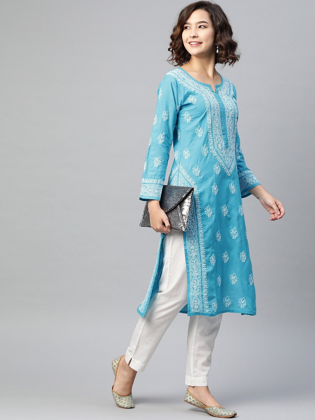 Ada Hand Embroidered Blue Cotton Lucknow Chikan Kurta A220733