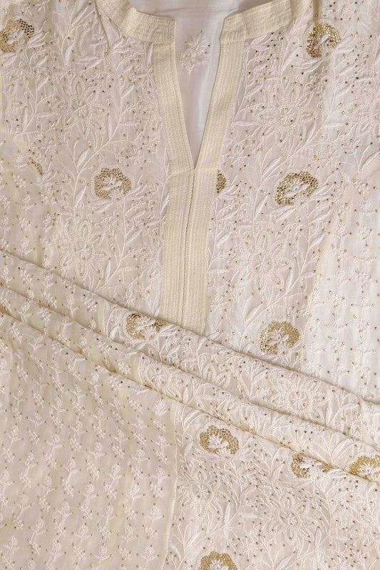 Ada Hand Embroidered Cream Chanderi Lucknowi Chikan Unstitched Kurta Dupatta Set-A595038