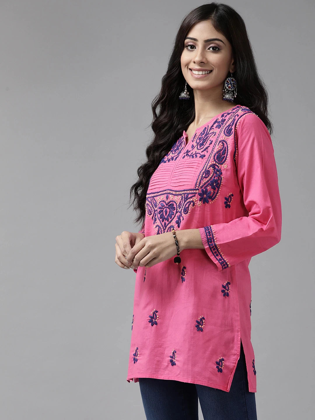 Ada Hand Embroidered Pink Cotton Lucknowi Chikankari Kurti A226697