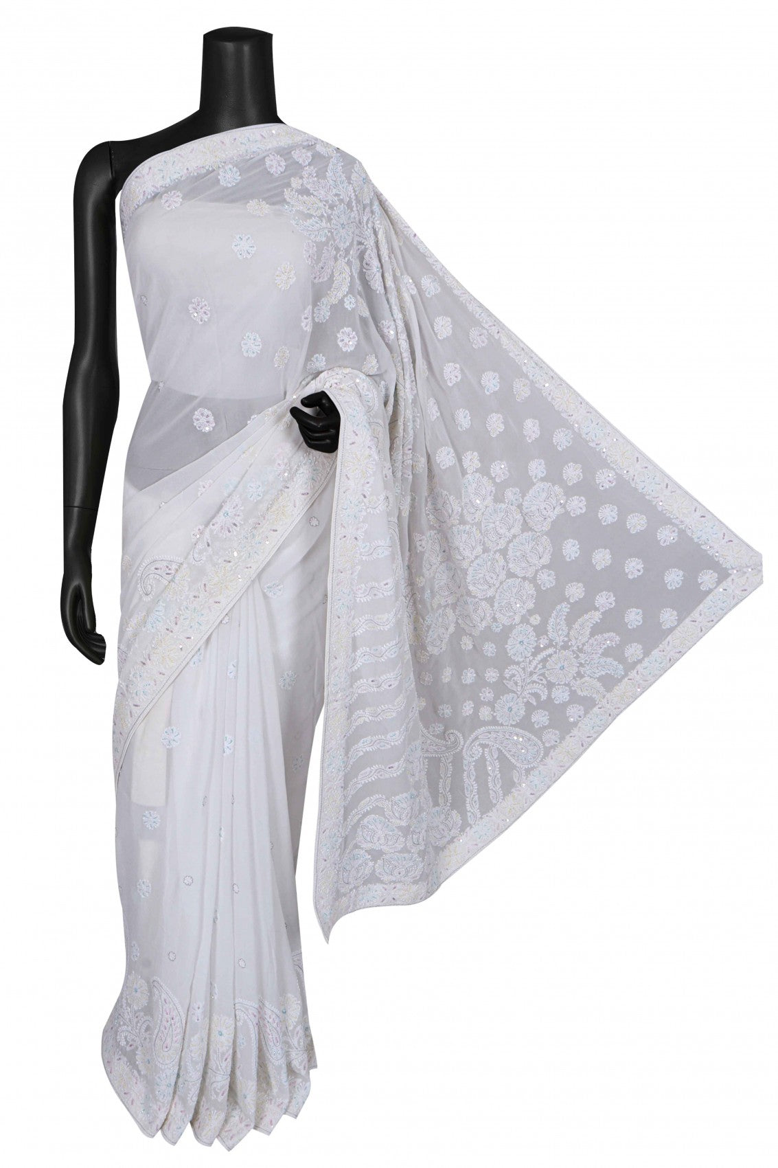 Ada Hand Embroidered White Georgette Lucknowi Chikankari Saree/Blouse With Cutdana Work 01A147431