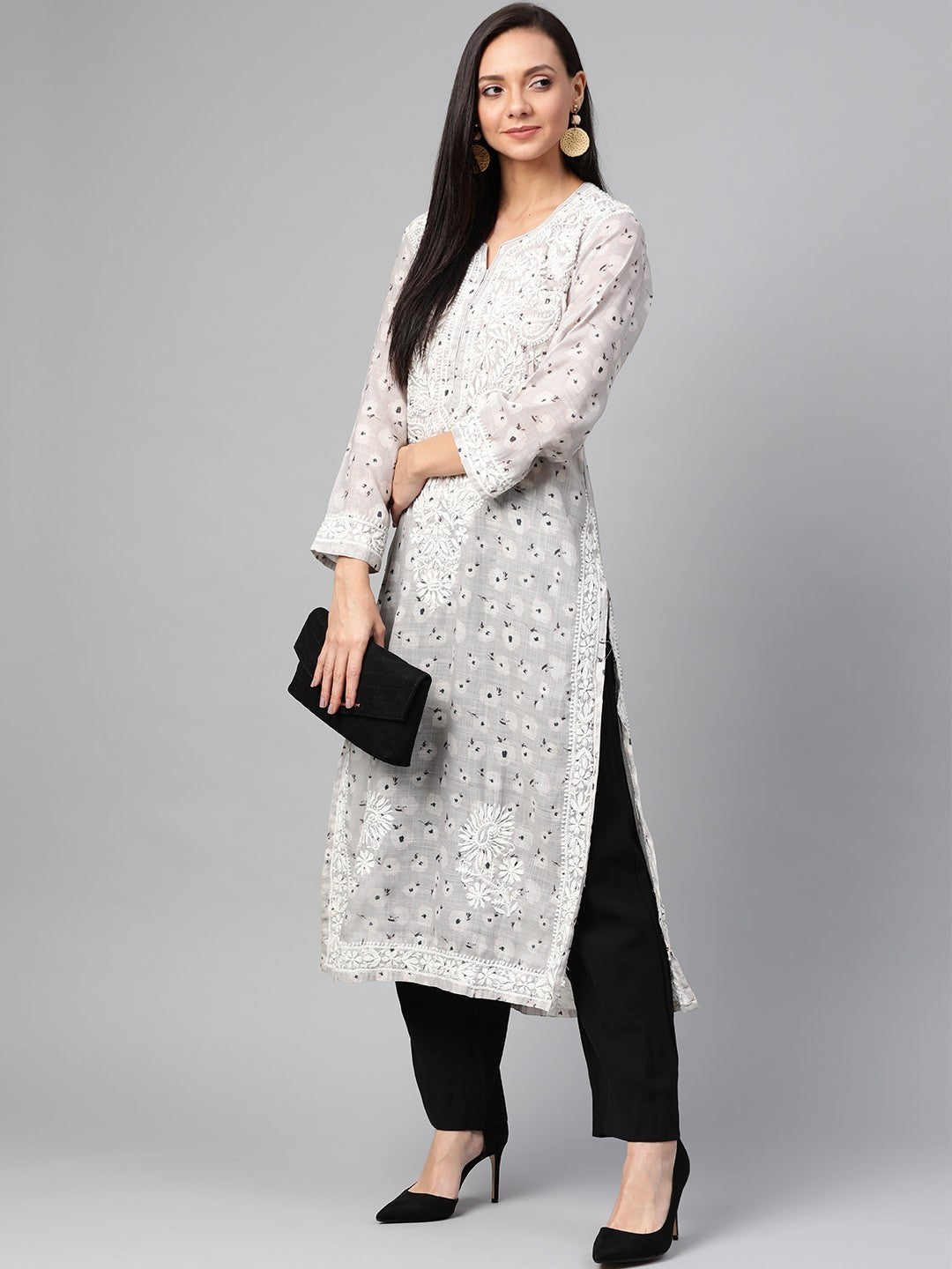 Ada Hand Embroidered Grey Cotton Lucknowi Chikankari Straight Kurta A100435