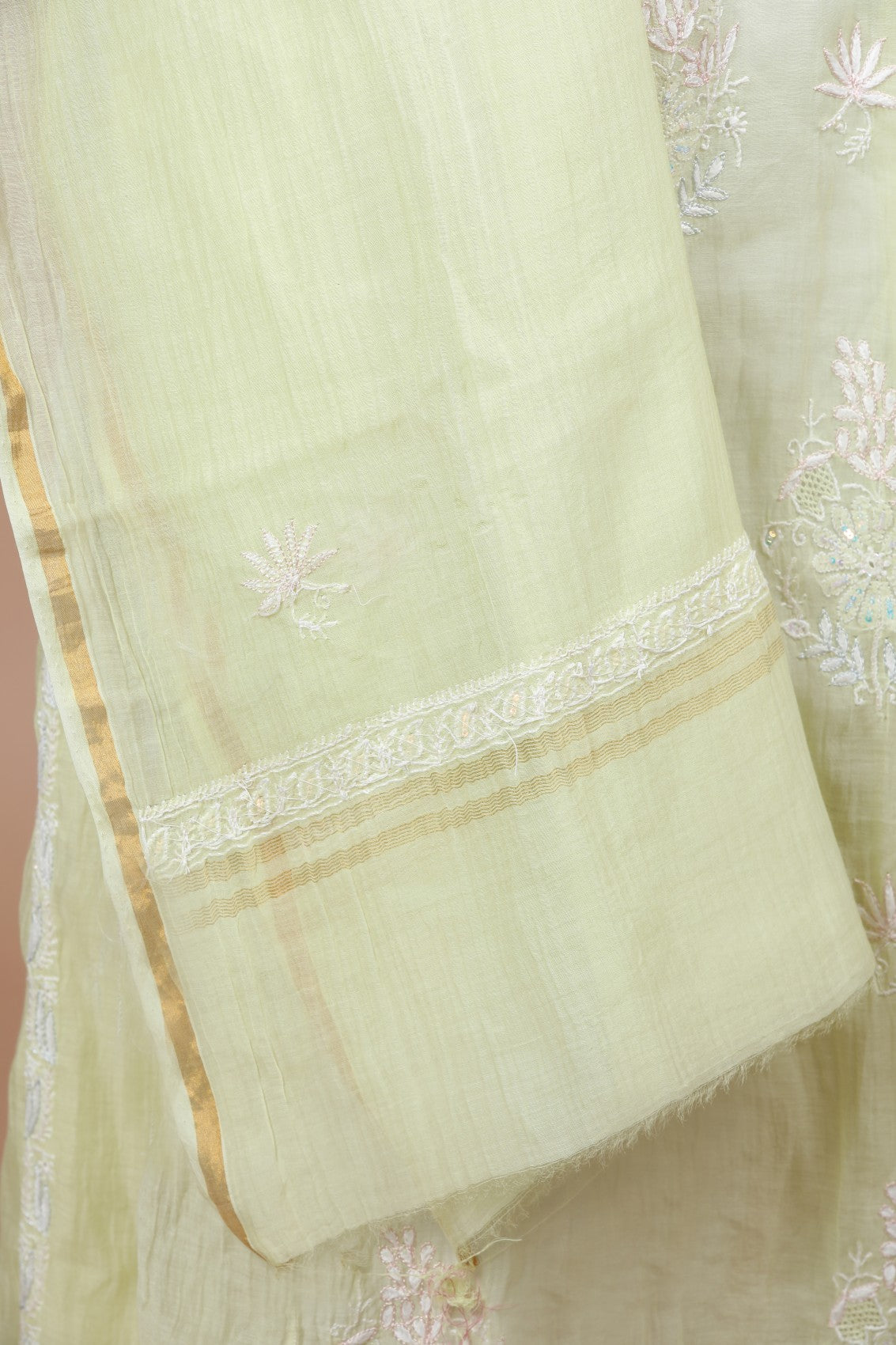 Ada Hand Embroidered Lime Green Chanderi Lucknowi Chikankari Semi-Stitched Anarkali Kurta Dupatta Set With Sequinned Work 01A243859