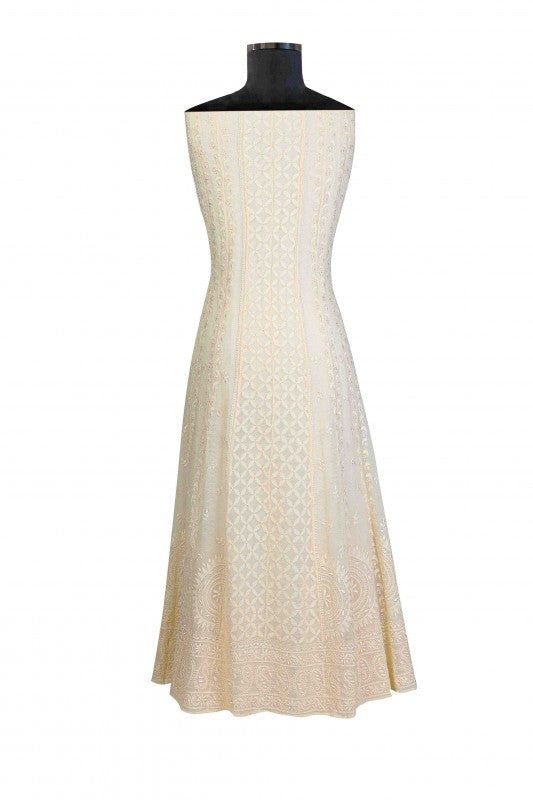 Ada Hand Embroidered Cream Net Semi-stitched Anarkali Kurta Dupatta-A628790