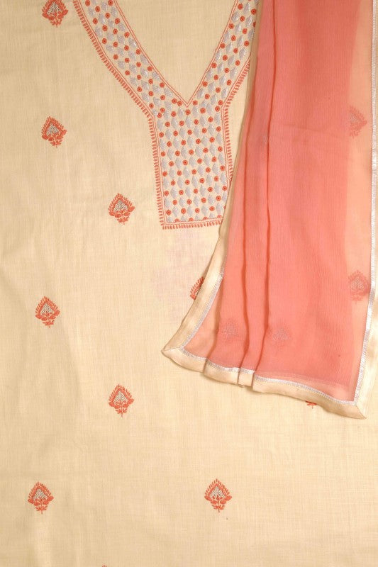 Ada Hand Embroidered Lemonade Cream Cotton Lucknowi Chikankari Unstitched Kurta Dupatta with Gota Patti Work A251257