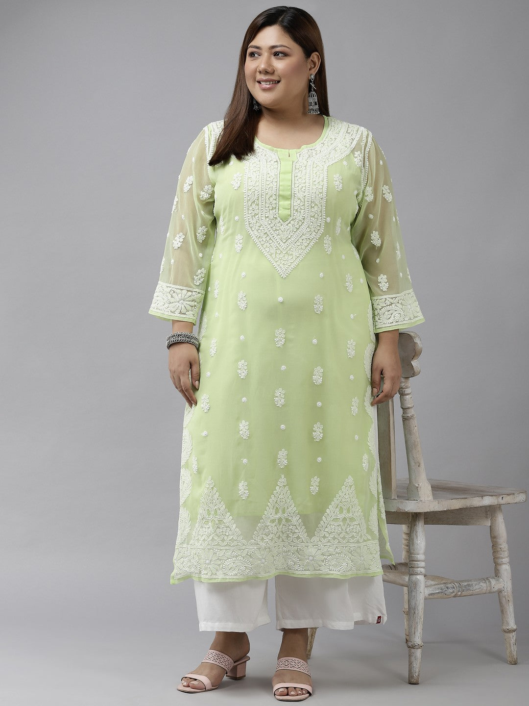 Ada Hand Embroidered Green Georgette Lucknowi Chikankari Straight Kurta With Slip A411199