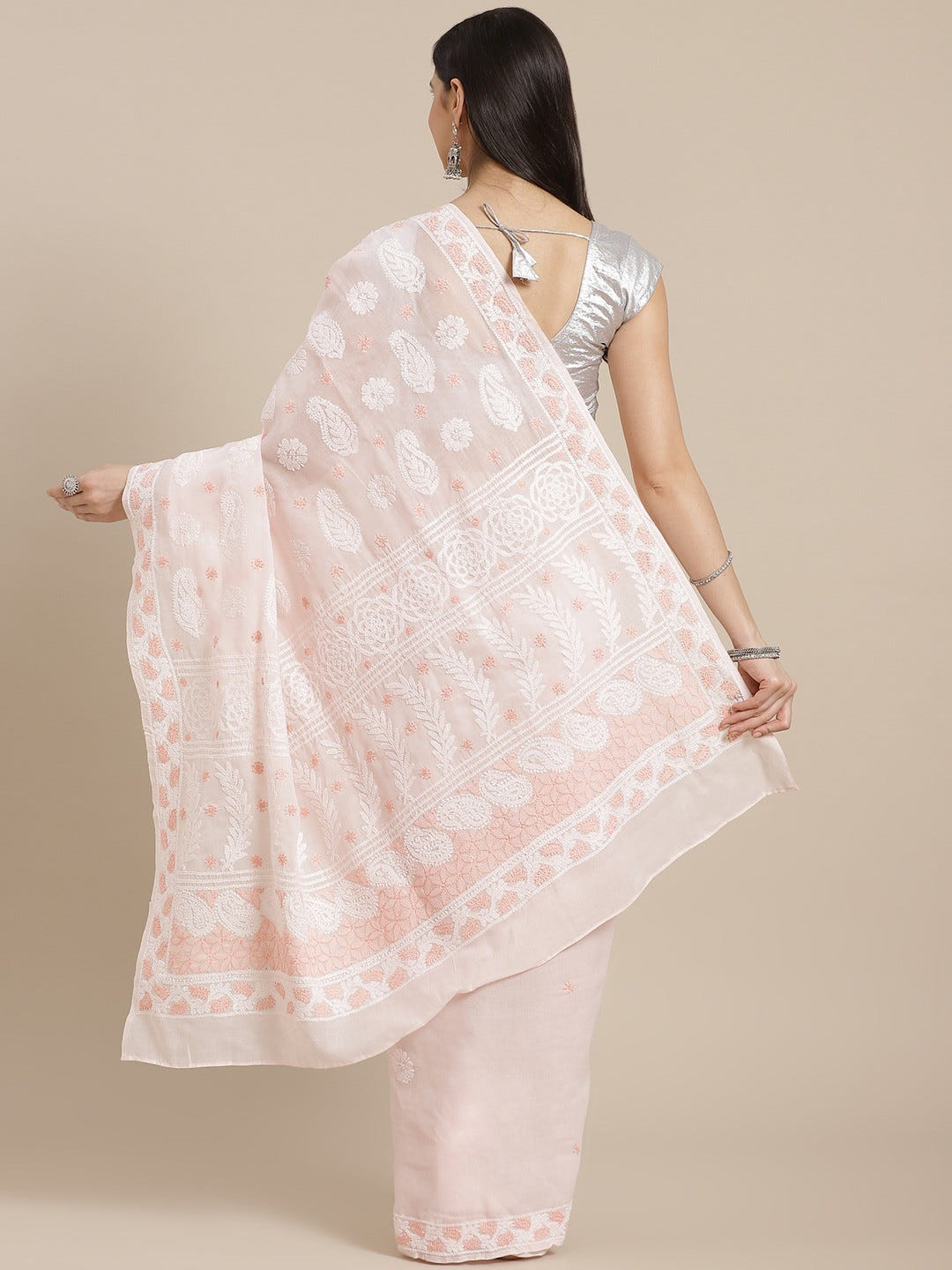 Ada Hand Embroidered Pink Cotton Lucknow Chikan Saree With Blouse A311320