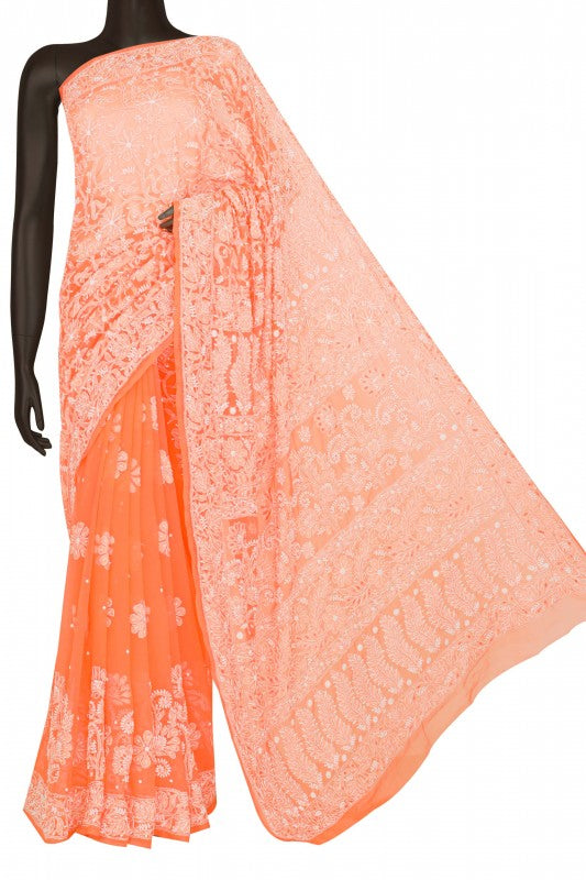 Ada Hand Embroidered Blaze Orange Georgette Lucknowi Chikankari Saree with Blouse With Sequinned Work A588604
