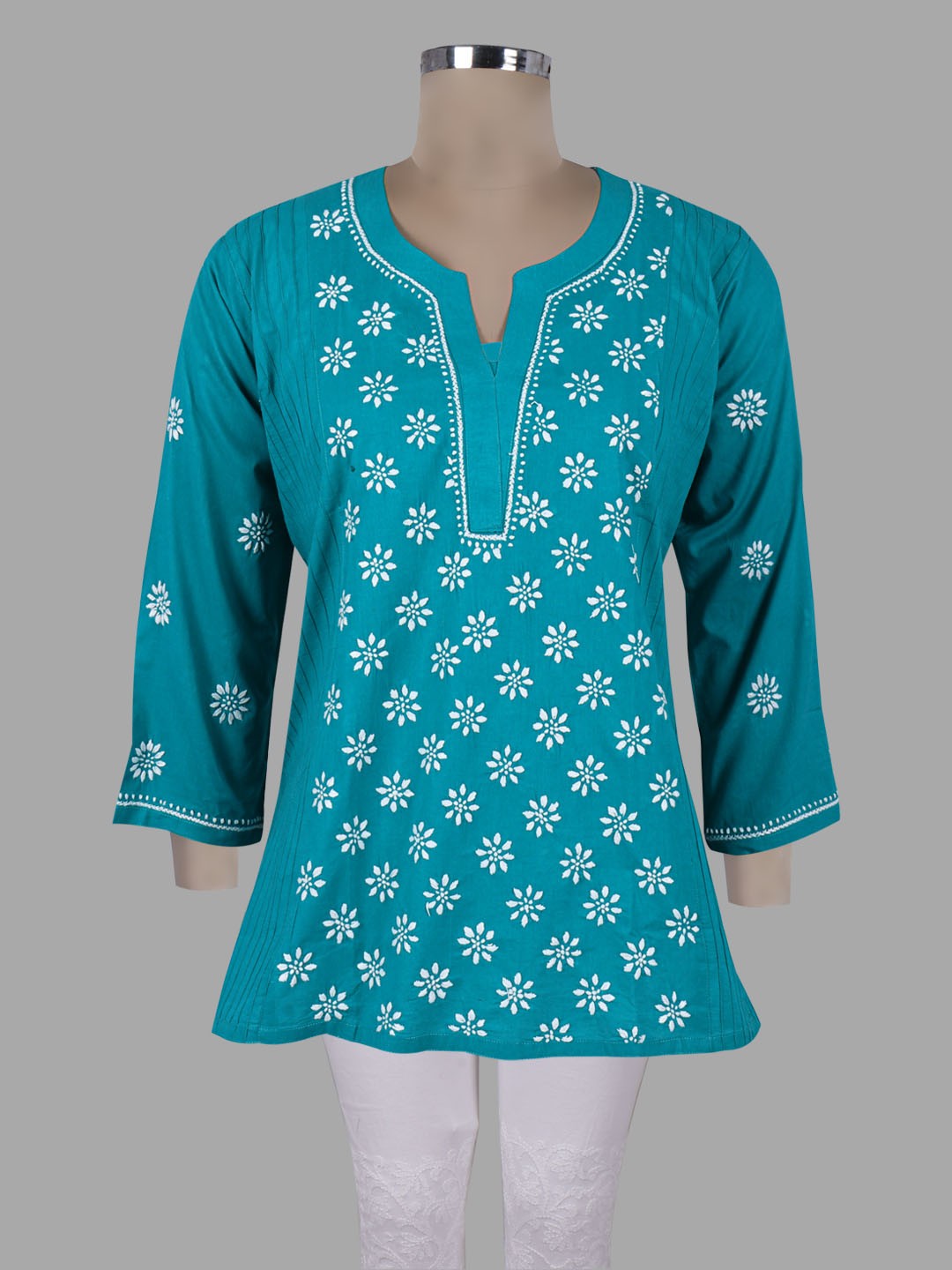 Ada Hand Embroidered Teal Blue Cotton  Lucknowi Chikankari Straight Kurti A911287