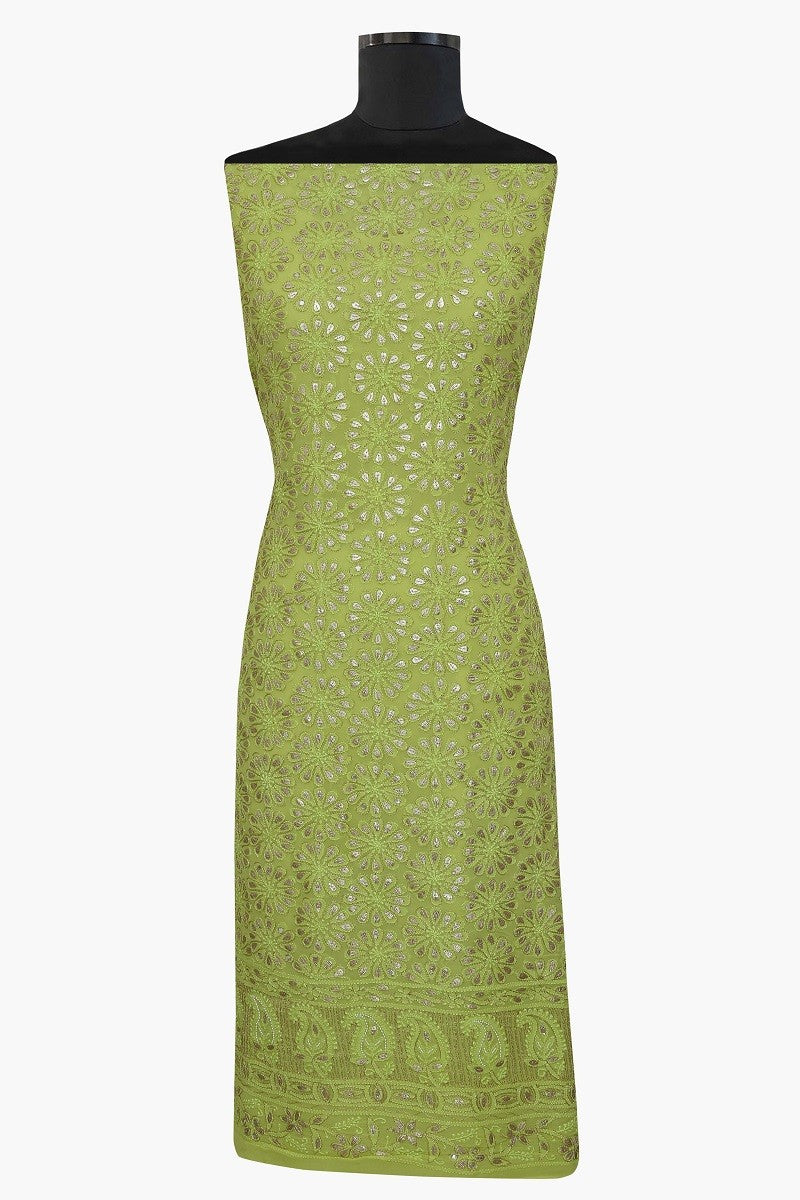 Ada Hand Embroidered Lime Green Georgette Lucknowi Chikan Unstitched Kurta Dupatta With Gota Patti Work–A603525