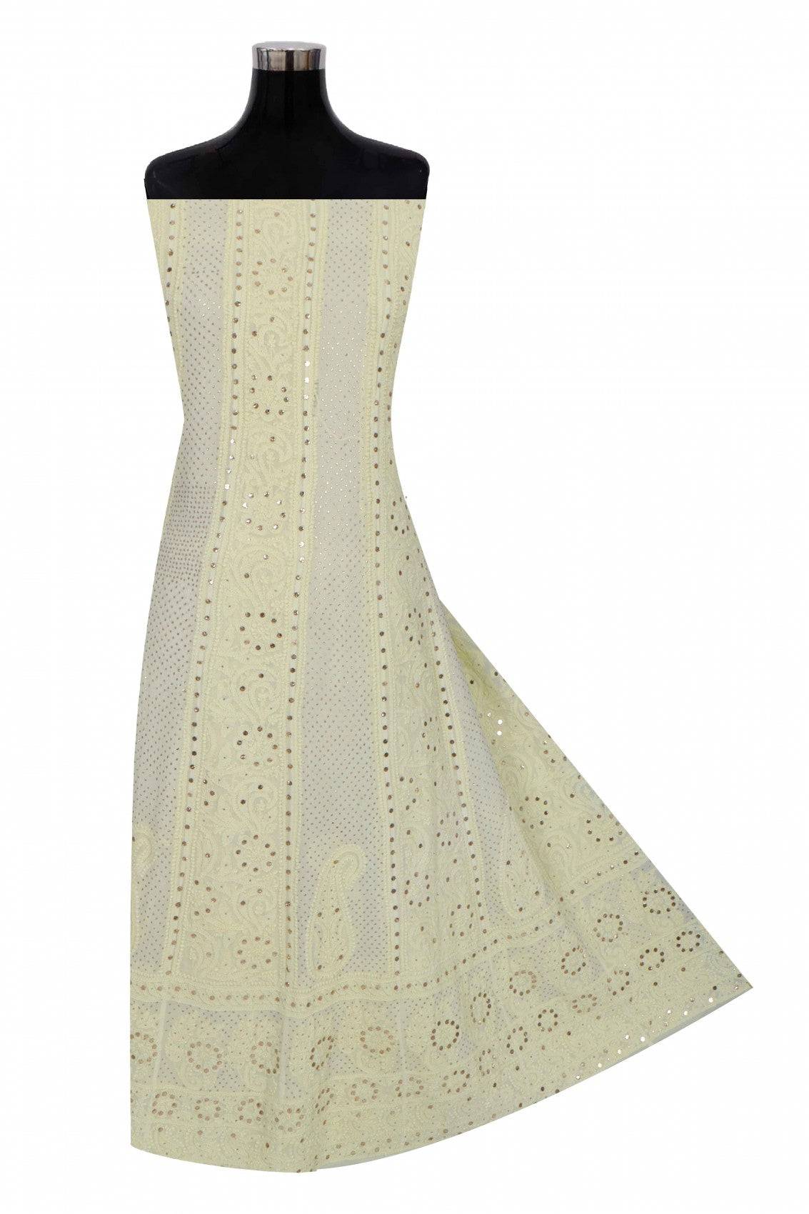 Ada Hand Embroidered Lemon Georgette Lucknowi Chikankari Semi-Stitched Anarkali Kurta Dupatta Set With Muqaish Work 01A132754