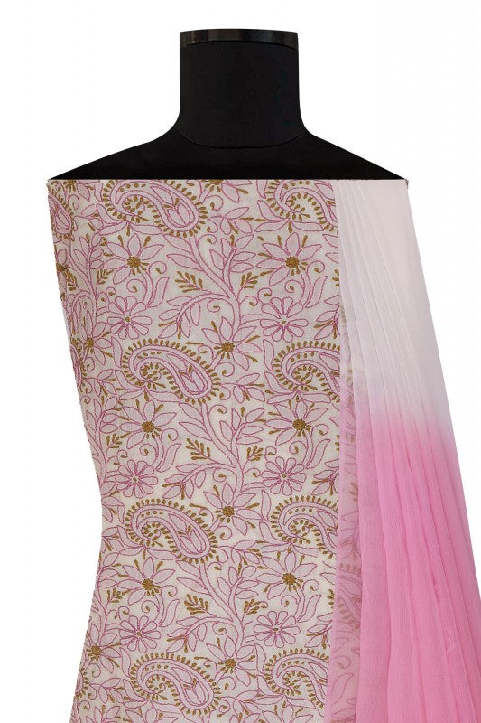 Ada Hand Embroidered Natural Cream Tusser Silk Lucknowi Chikan Unstitched Suit Piece- A609356