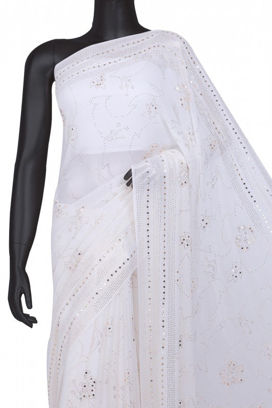 Ada Hand Embroidered White Pure Georgette Lucknowi Chikankari Saree / Blouse with Muqaish Work A617657