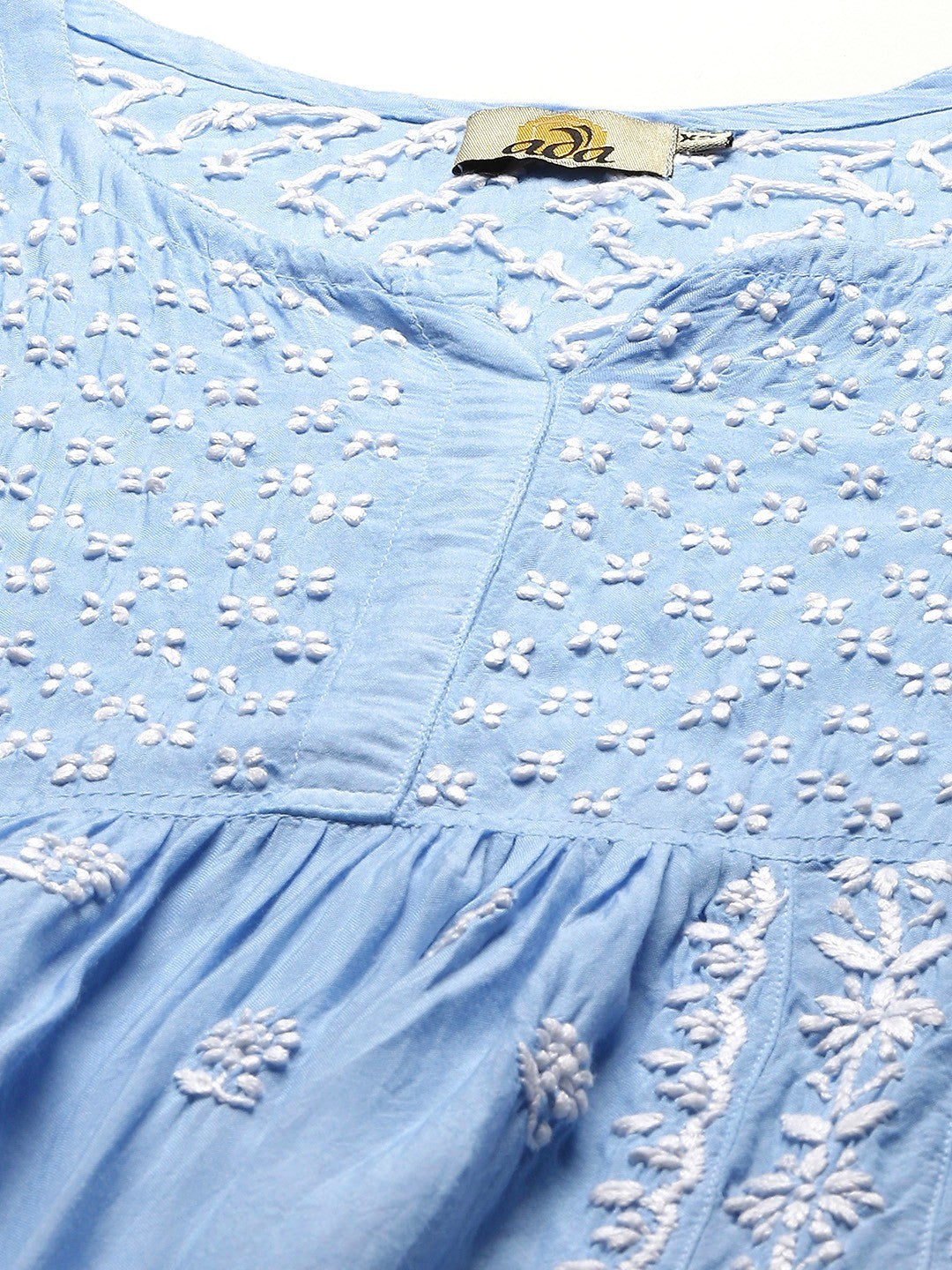 Ada Hand Embroidered Blue Muslin Lucknow Chikan Kurti-A911129