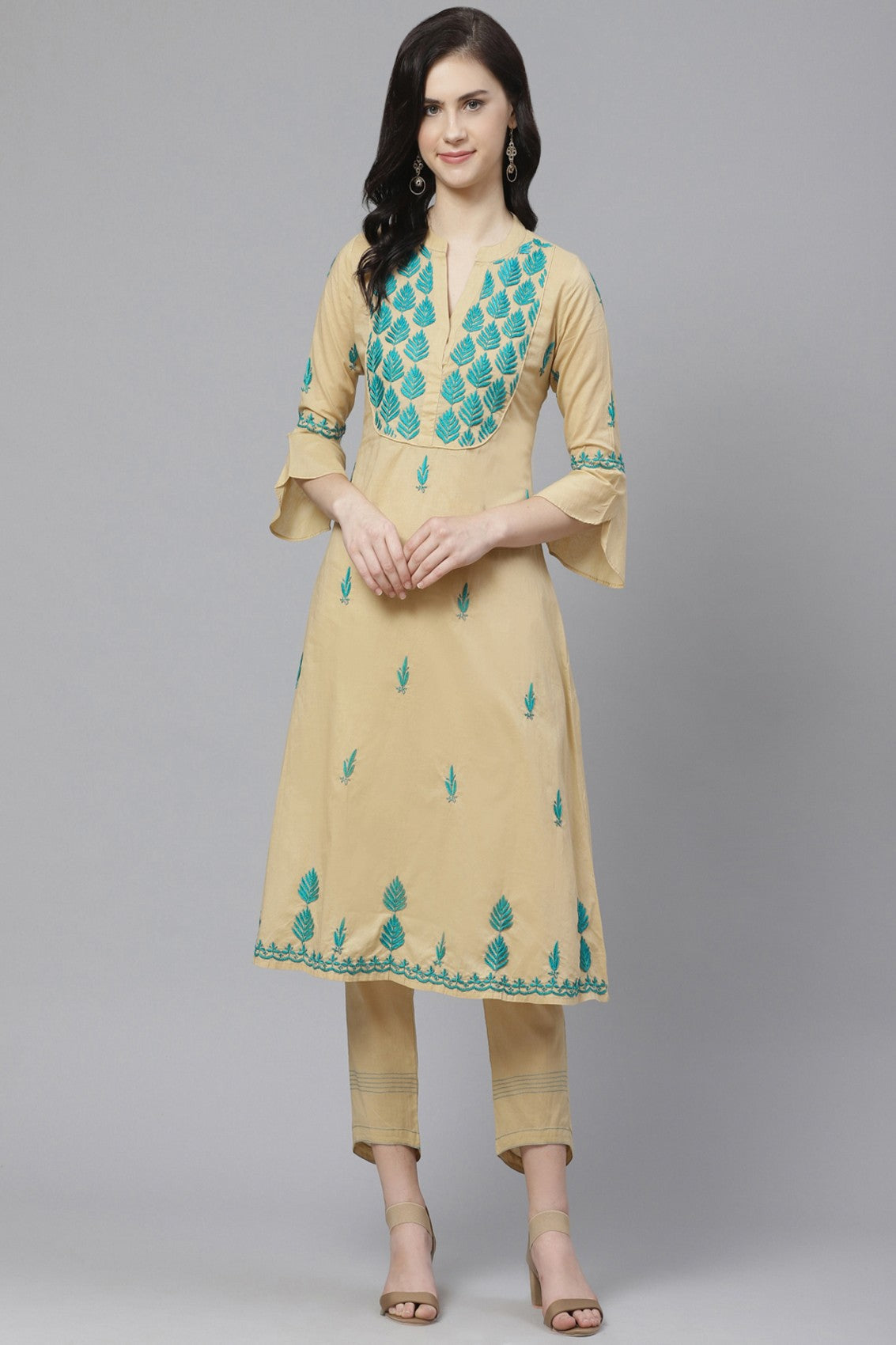 Ada Hand Embroidered Beige Cotton Lucknowi Chikankari Kurta with Trouser Set A100319