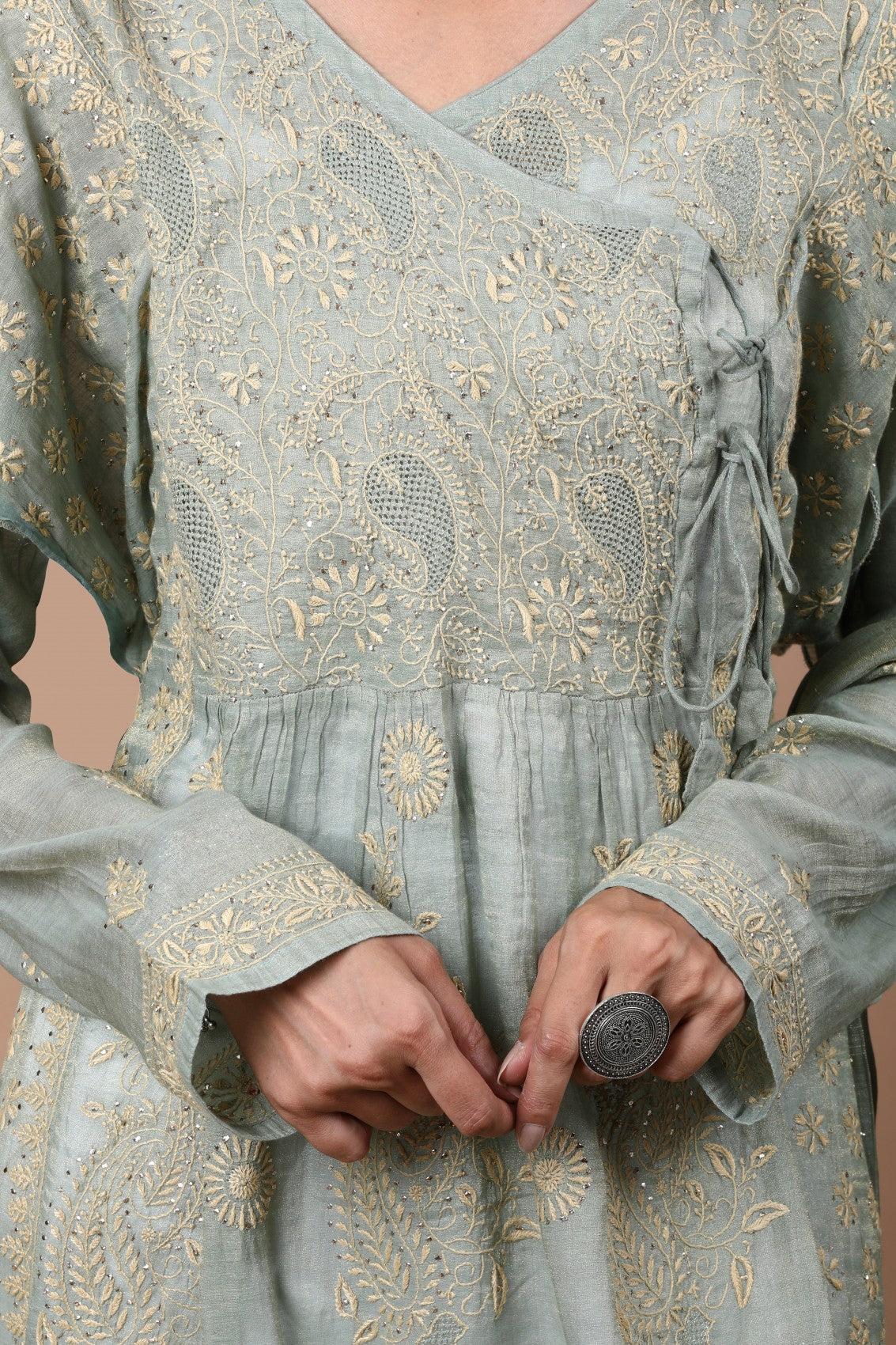 Ada Hand Embroidered Pickle Green Tissue Lucknowi Chikankari Semi-stitched Kurta Dupatta Set With Muqaish Work 01A189051