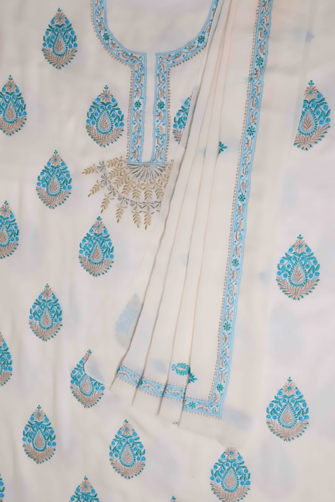Ada Hand Embroidered White Pure Georgette Lucknowi Chikankari Unstitched Kurta Dupatta Set A56482