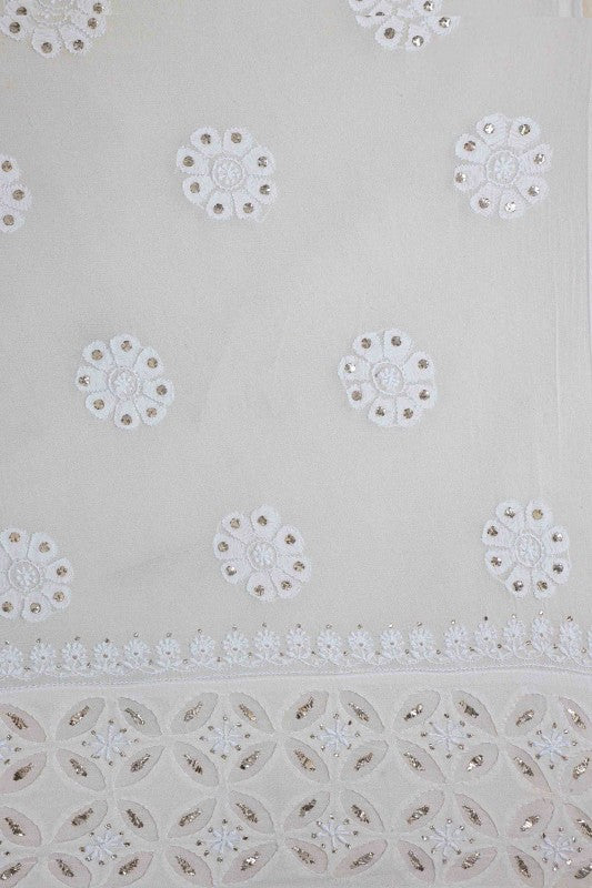 Ada Hand Embroidered Ivory White Pure Georgette Lucknowi Chikankari Semi-Stitched Anarkali Kurta Dupatta Set With Muqaish Work A501766