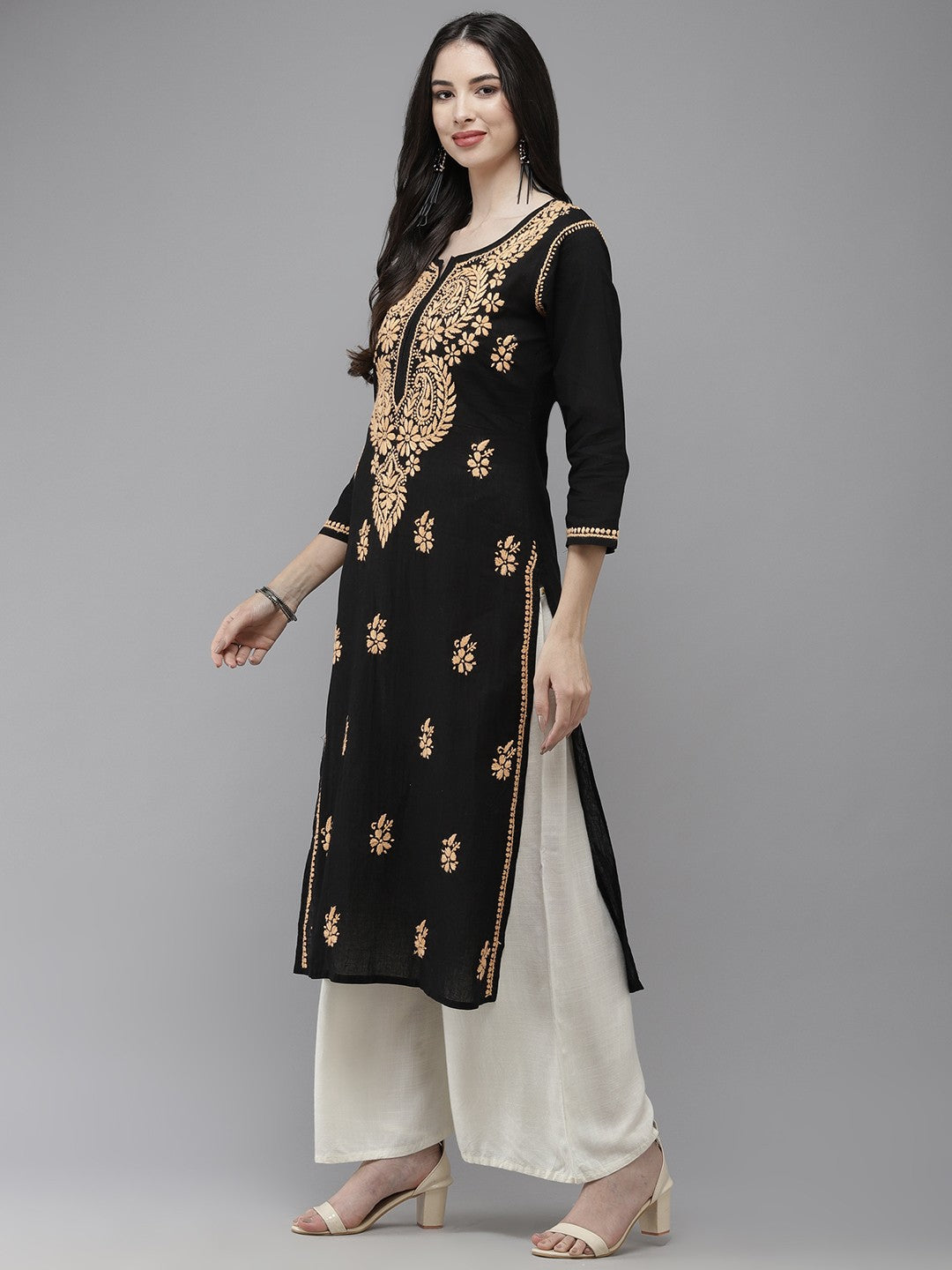 Ada Hand Embroidered Black Cotton Lucknow Chikankari Kurta A411276