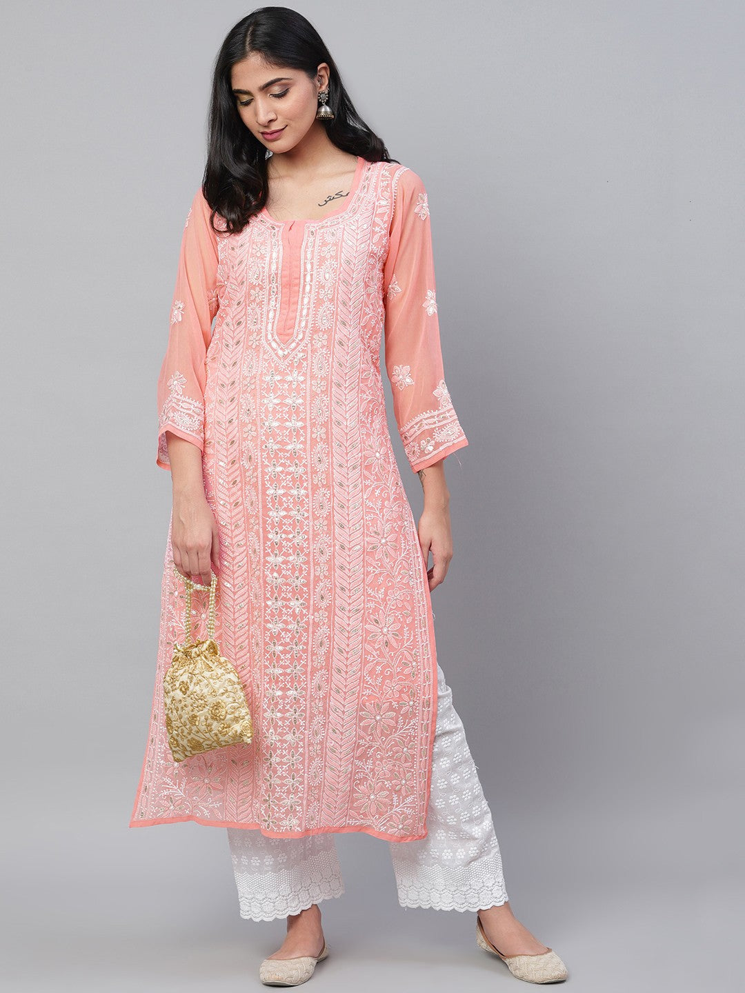 Ada Hand Embroidered Peach Georgette Lucknow Chikan Straight Kurta/Slip with Gota patti Work A411113
