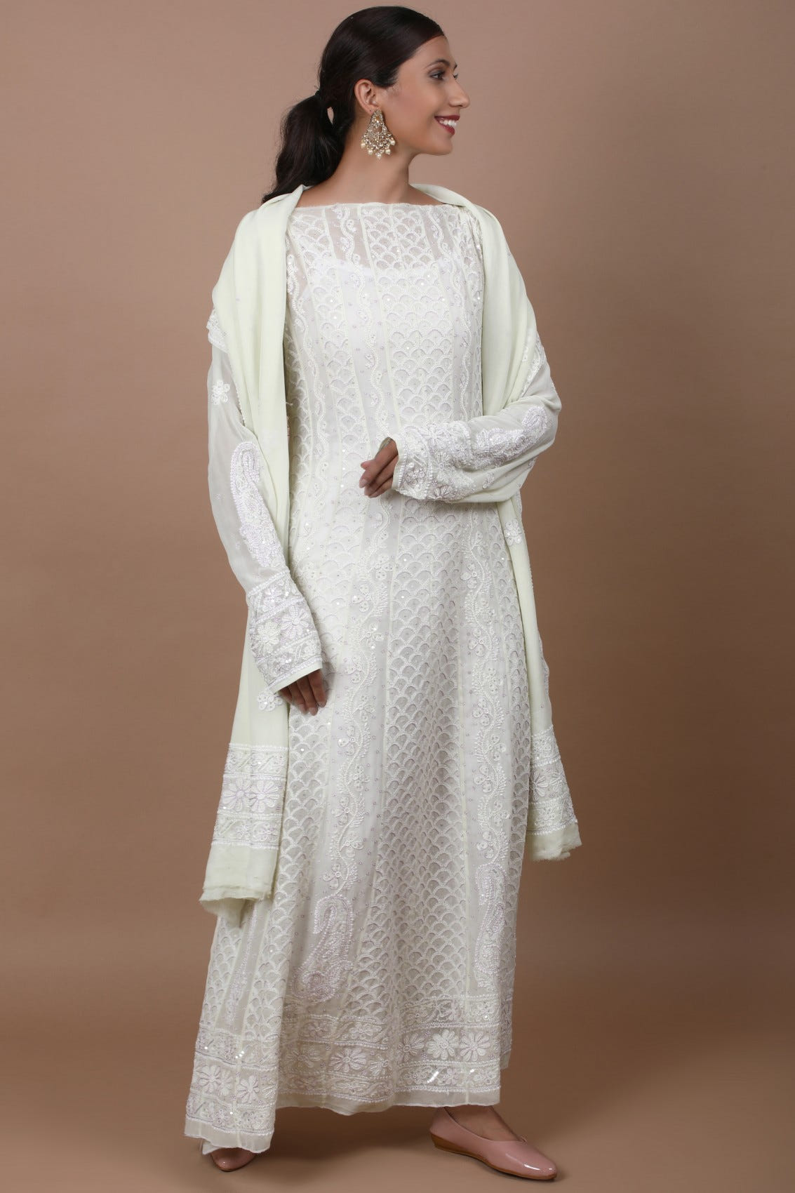 Ada Hand Embroidered Lime Green Pure Georgette Lucknowi Chikankari Semi-Stitched Anarkali Kurta Dupatta Set With Sequinned Work 01A194514