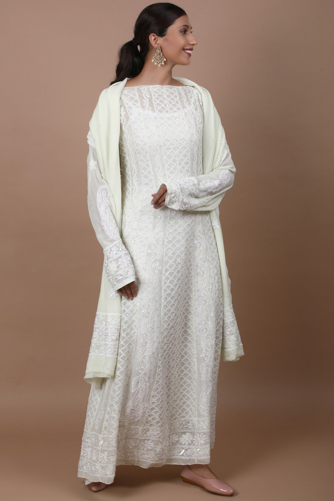 Ada Hand Embroidered Lime Green Pure Georgette Lucknowi Chikankari Semi-Stitched Anarkali Kurta Dupatta Set With Sequinned Work 01A194514
