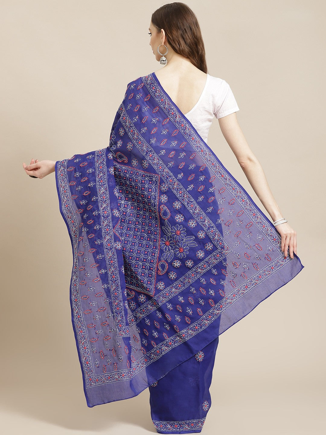 Ada Hand Embroidered Royal Blue Cotton Lucknow Chikan Saree With Blouse-A311215