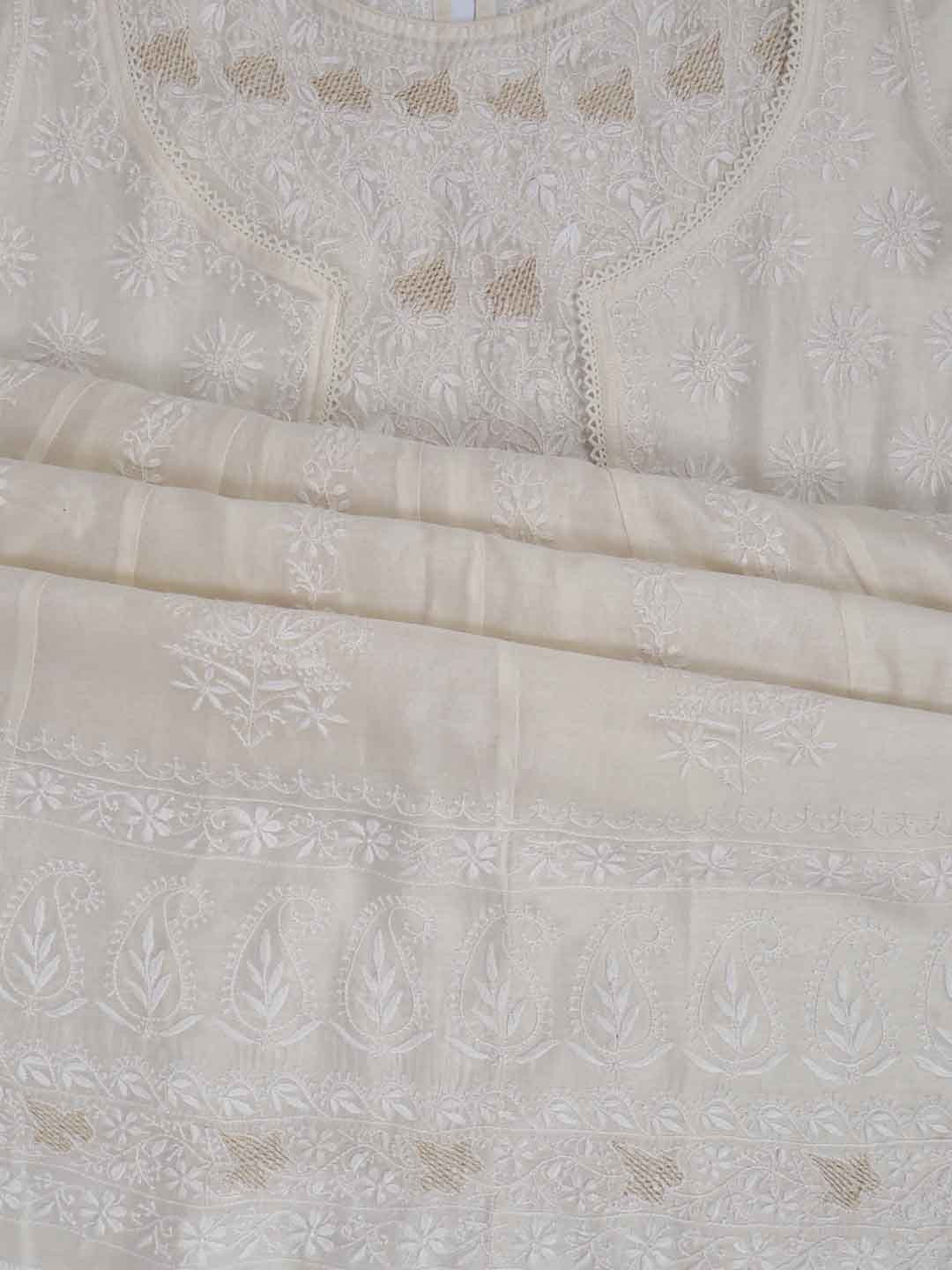 Ada Hand Embroidered Cream Chanderi Lucknowi Chikankari Semi-Stitched Anarkali Kurta Dupatta Set With Zari Work 01A205798