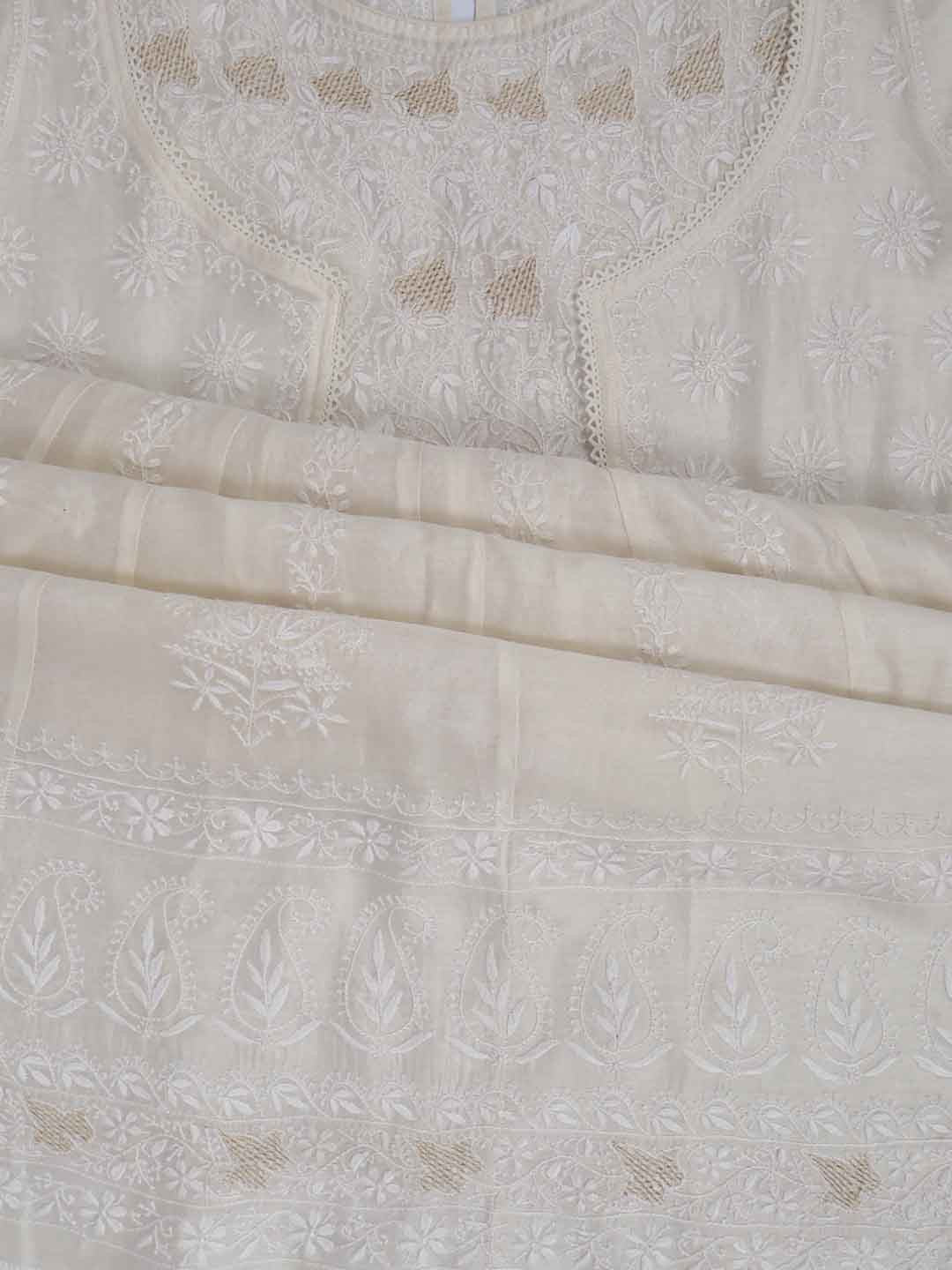 Ada Hand Embroidered Cream Chanderi Lucknowi Chikankari Semi-Stitched Anarkali Kurta Dupatta Set With Zari Work 01A205798
