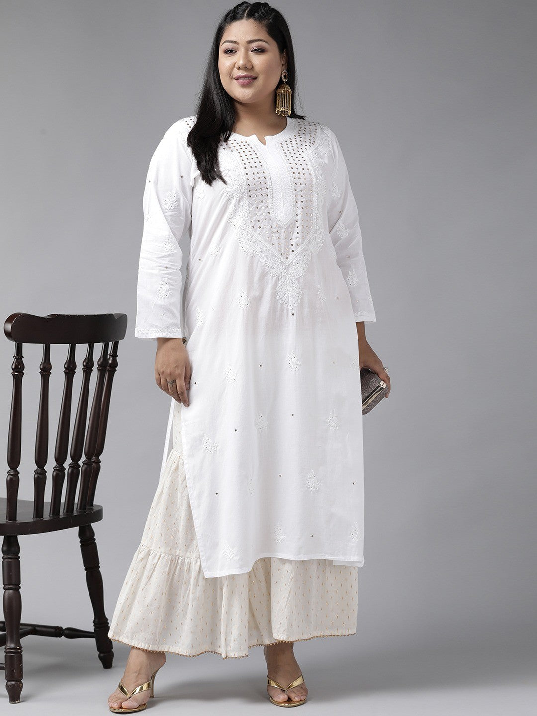 Ada Hand Embroidered White Cotton Lucknowi Chikankari Straight  Kurta With Muqaish Work A100421