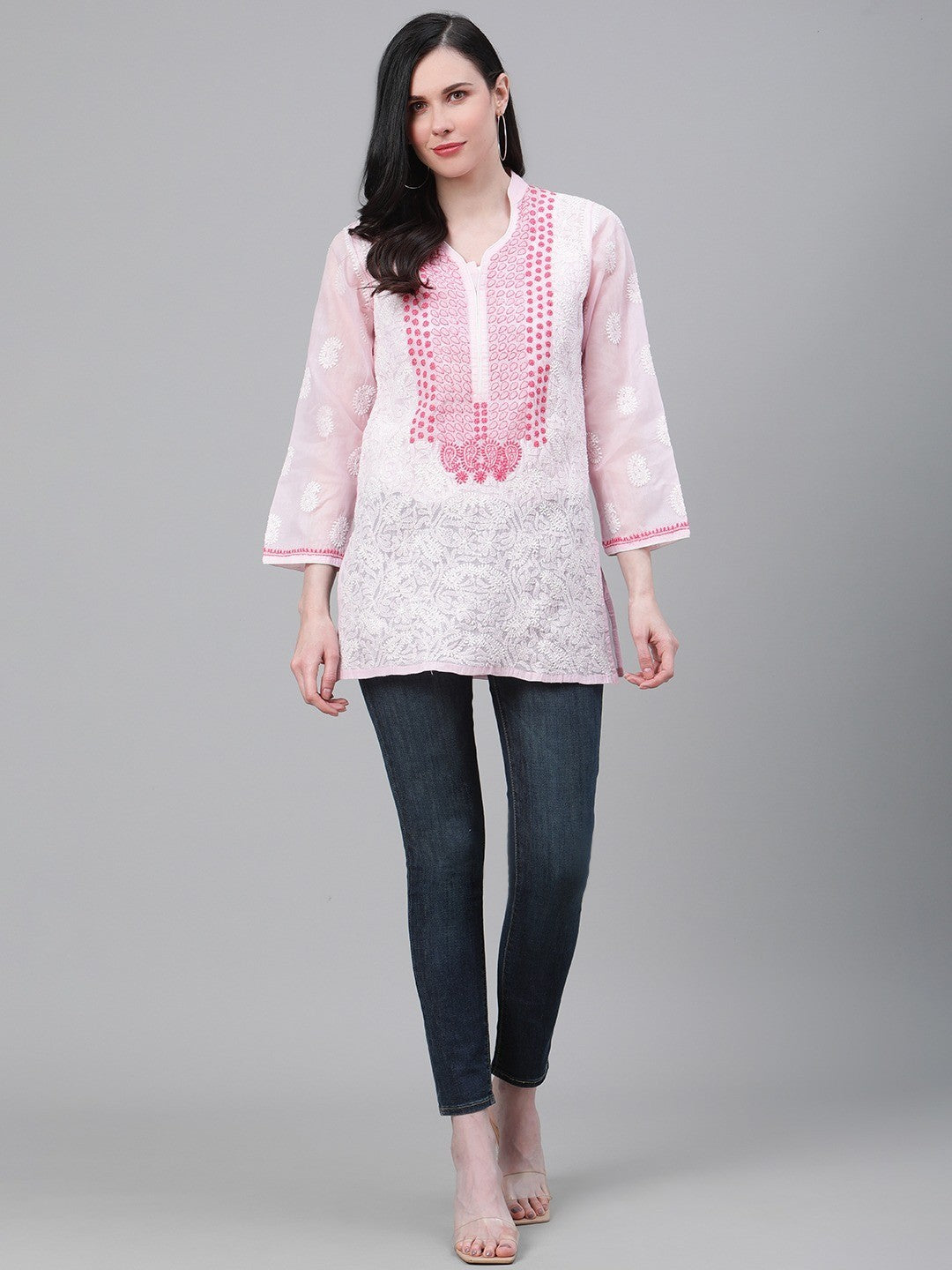 Ada Hand Embroidered Pink Cotton Lucknow Chikan Kurti-A261087