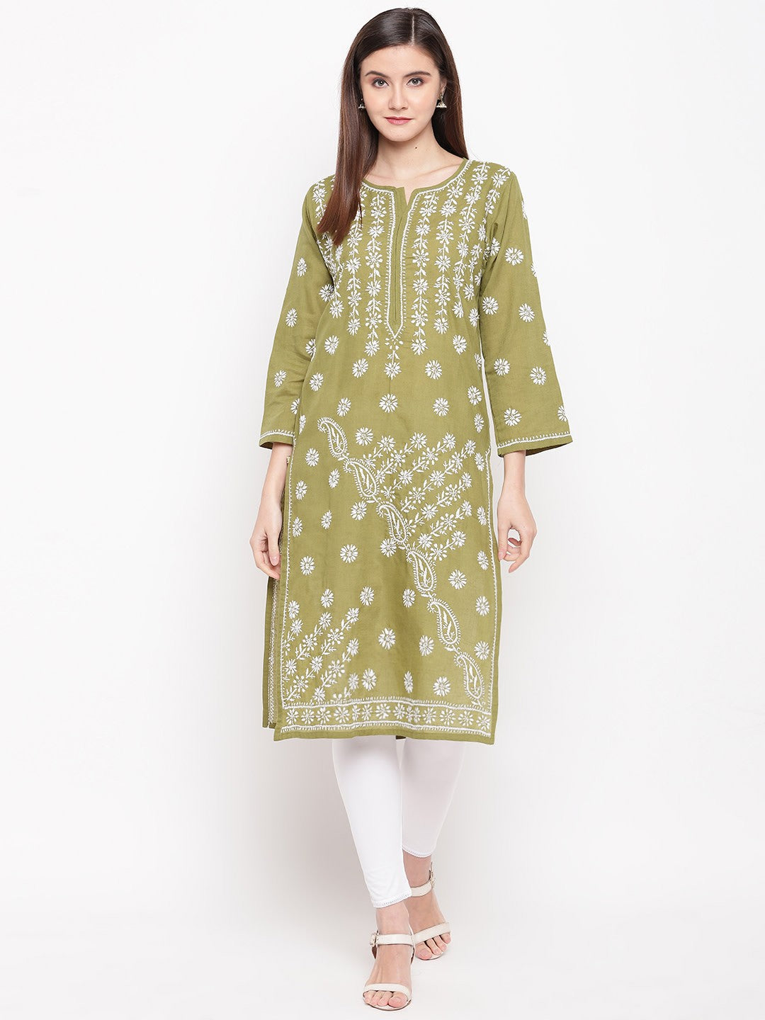 Ada Hand Embroidered Mehndi Green Cotton Lucknow Chikankari Straight Kurta - A100293