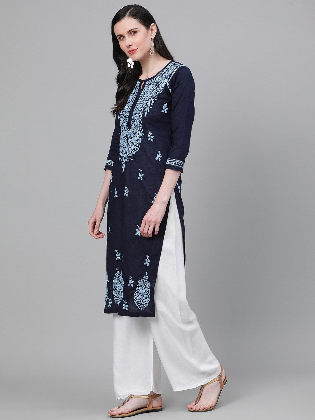 Ada Hand Embroidered Navy Blue Cotton Lucknowi Chikankari Kurta A411146