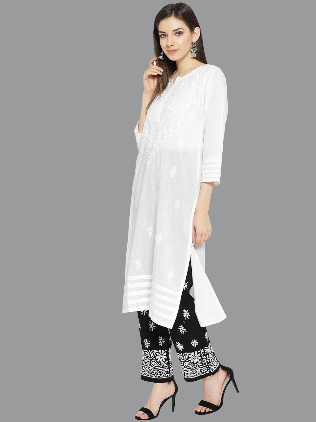 Ada Hand Embroidered White Cotton Lucknowi Chikankari Kurta with Palazzo Set A100021