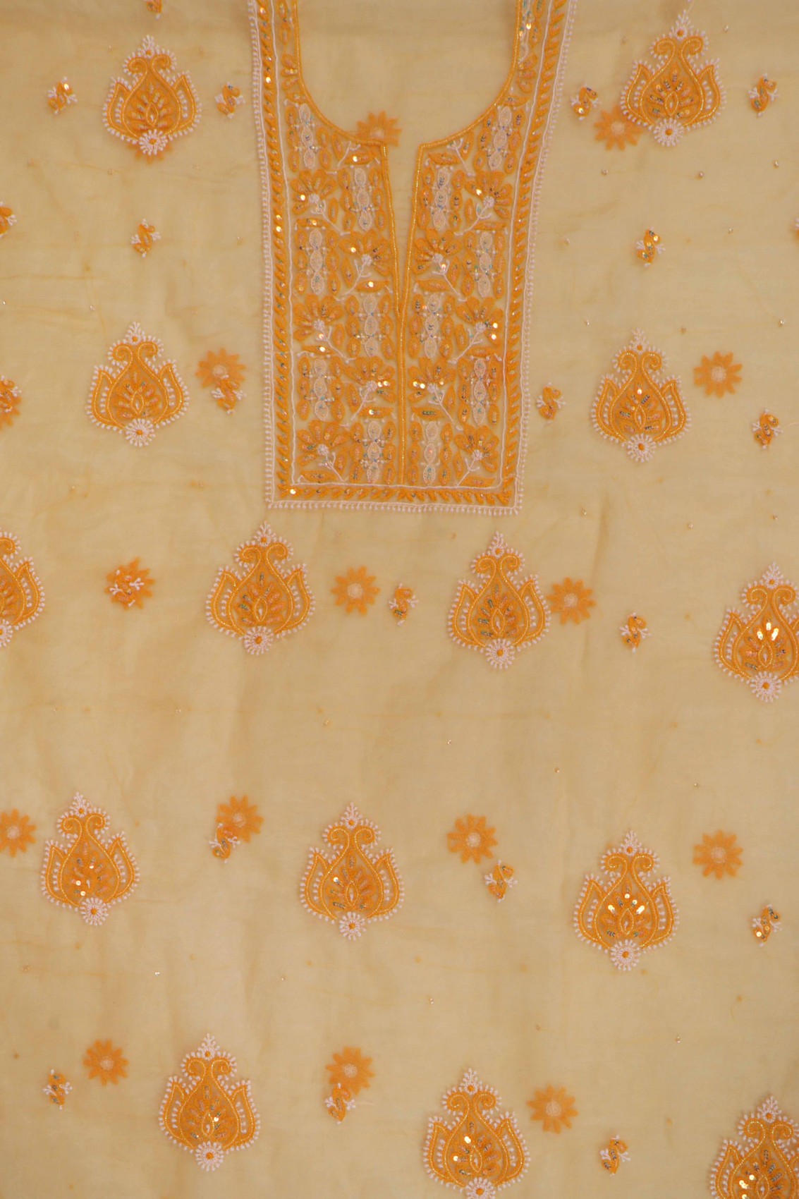 Ada Hand Embroidered Tangerine Orange Organza Lucknowi Chikankari Unstitched Kurta Dupatta Set With Sequinned Work 01A133669