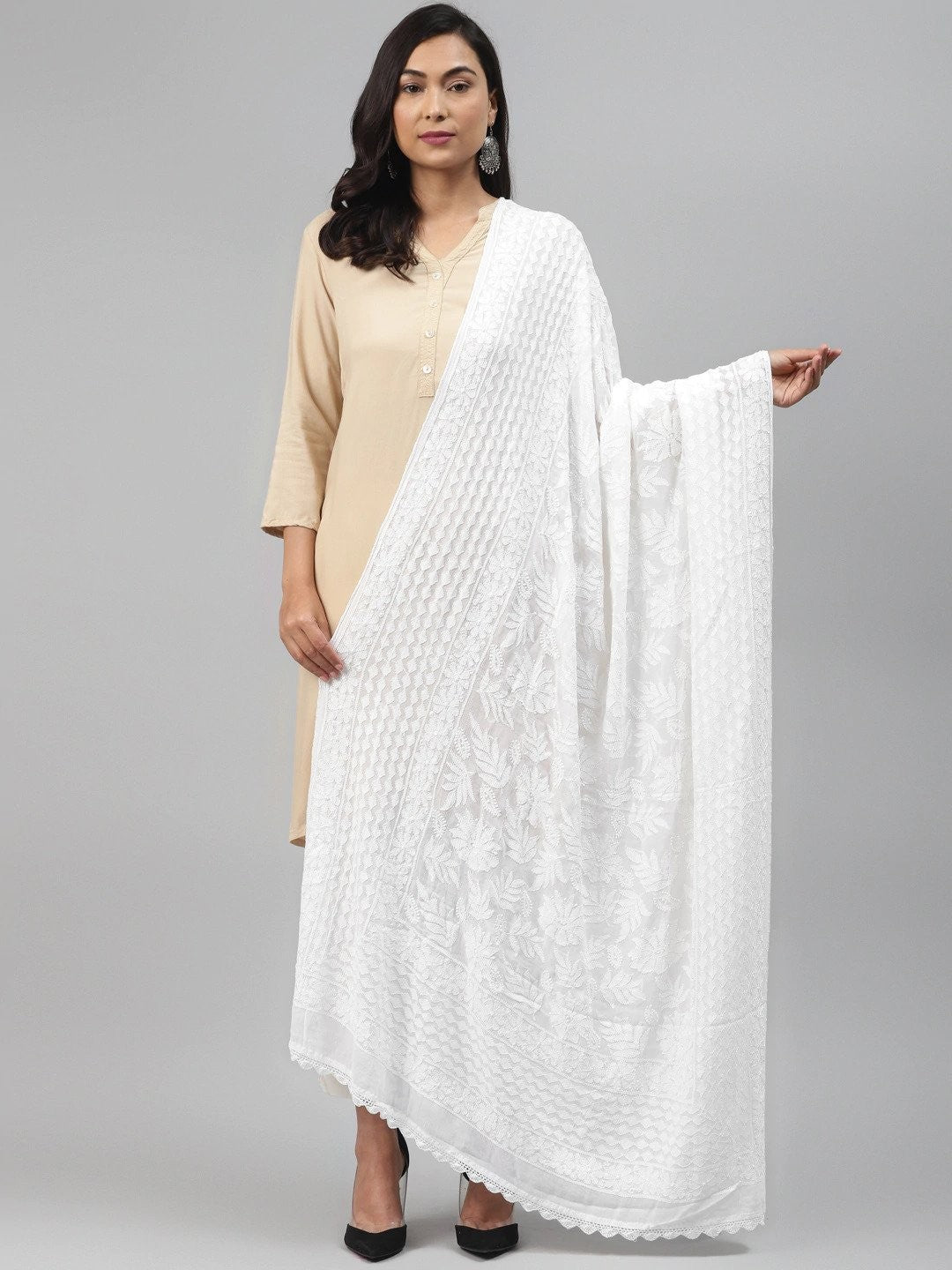 Ada Hand Embroidered White Georgette Lucknowi Chikankari Dupatta A511164