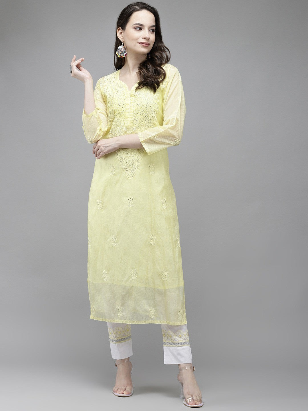 Ada Hand Embroidered Lemon Kota Lucknow Chikankari Straight Kurta/Slip With Muqaish Work A411293