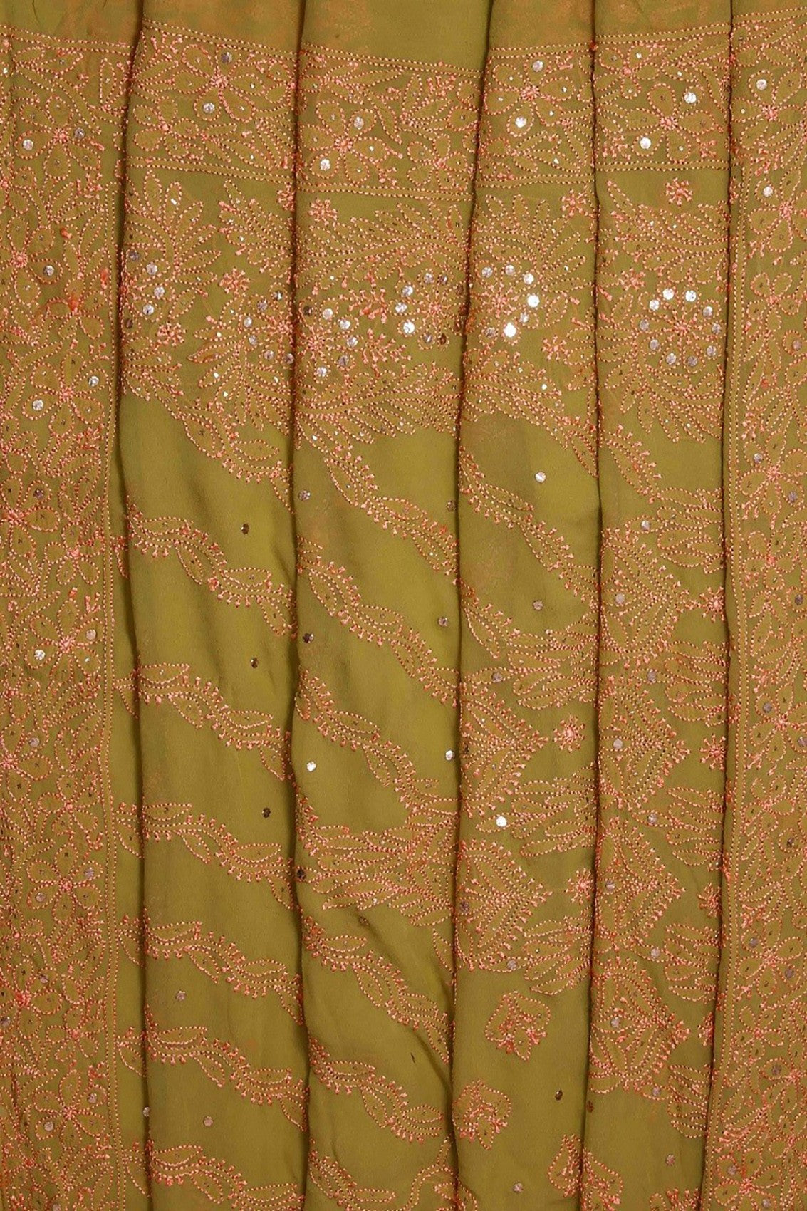 Ada Hand Embroidered Olive Green Pure Georgette Lucknowi Chikankari Saree/Blouse With Muqaish Work 01A59040