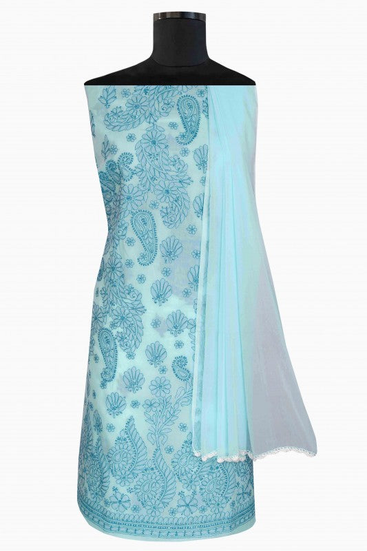 Ada Hand Embroidered Light Blue Cotton Lucknowi Chikan Unstitched Suit Piece A211121