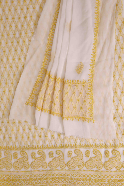Ada Hand Embroidered Off White Pure Georgette Chikan Unstitched Kurta Dupatta Set-A457086