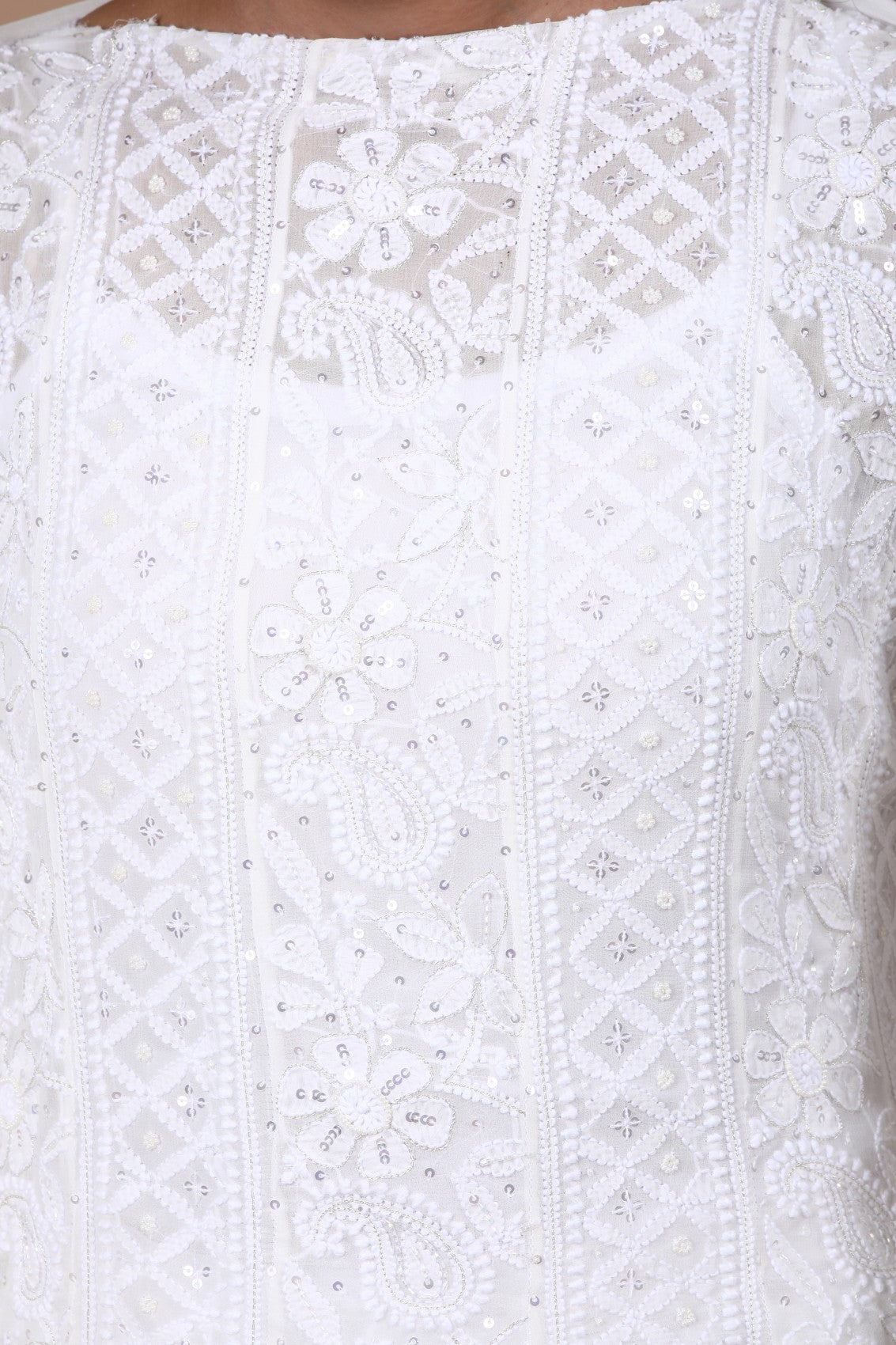 Ada Hand Embroidered White Pure Georgette Lucknowi Chikankari Semi-Stitched Anarkali Kurta Dupatta Set With Pearl Work 01A238020