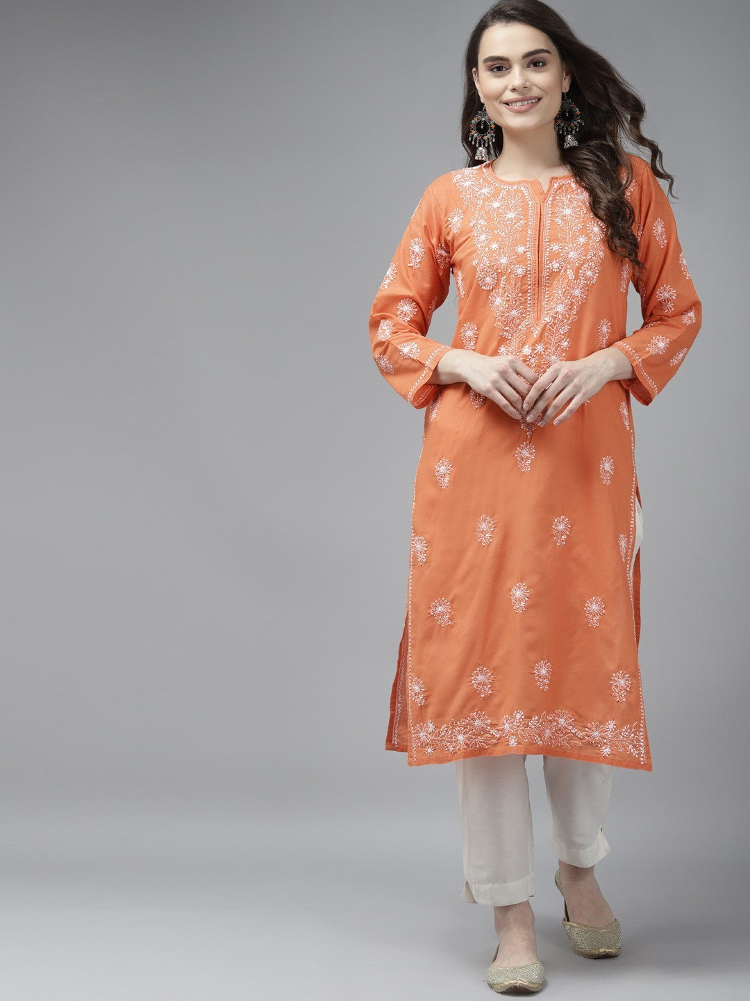Ada Hand Embroidered Rust Cotton Lucknow Chikan Straight Kurta A353228