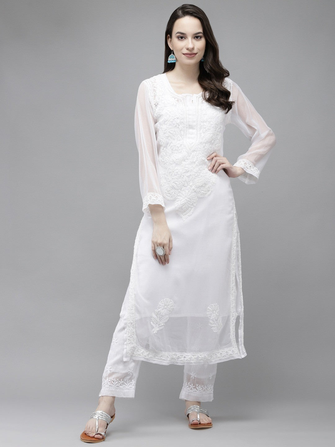 Ada Hand Embroidered White Georgette Lucknow Chikan Straight Kurta With Slip A411296