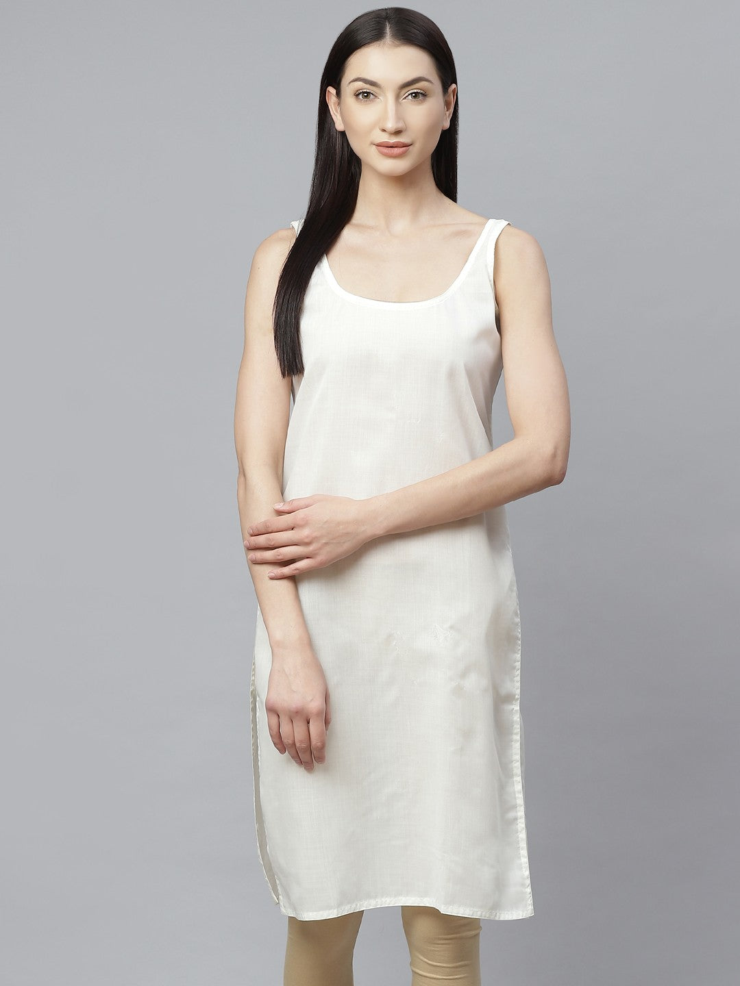 Ada Cream and White Cotton Long Slips Combo of 2 A308002.