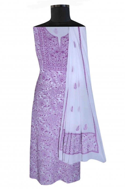 Ada Hand Embroidered White Pure Georgette Lucknowi Chikan Unstitched Kurta Dupatta Set A108845