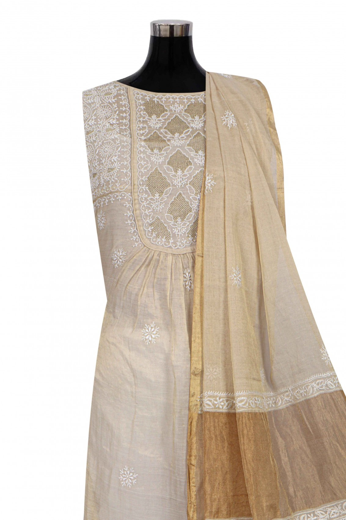 Ada Hand Embroidered Natural Fawn Tissue Lucknowi Chikankari Semi-Stitched Anarkali Kurta Dupatta Set 01A213937