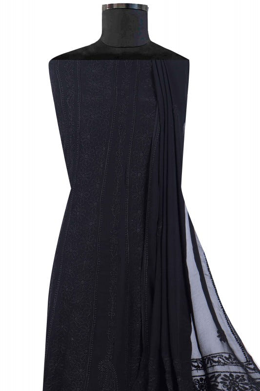 Ada Hand Embroidered Black Georgette Lucknowi Chikan Semi-Stitched Anarkali Kurta Dupatta Set A517238