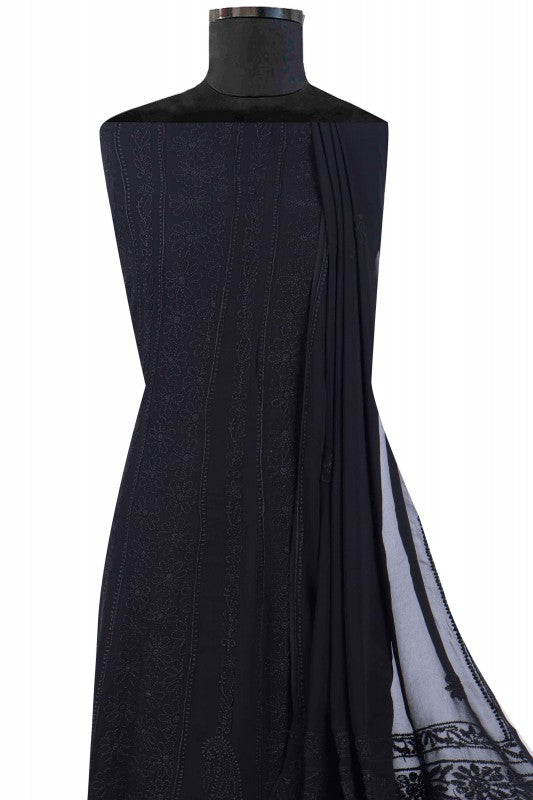 Ada Hand Embroidered Black Georgette Lucknowi Chikan Semi-Stitched Anarkali Kurta Dupatta Set A517238