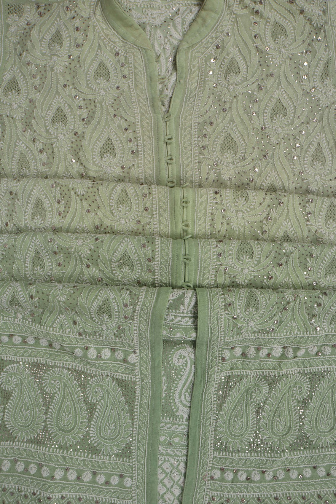 Ada Hand Embroidered Tea Green Pure Georgette Lucknowi Chikankari Semi-Stitched Suit Set With Muqaish Work A77998