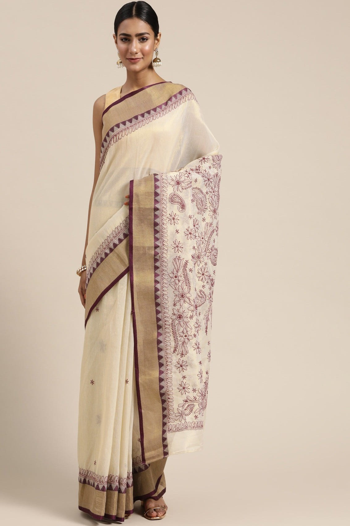 Ada Hand Embroidered Fawn Kota Lucknowi Chikankari Saree With Blouse A311355