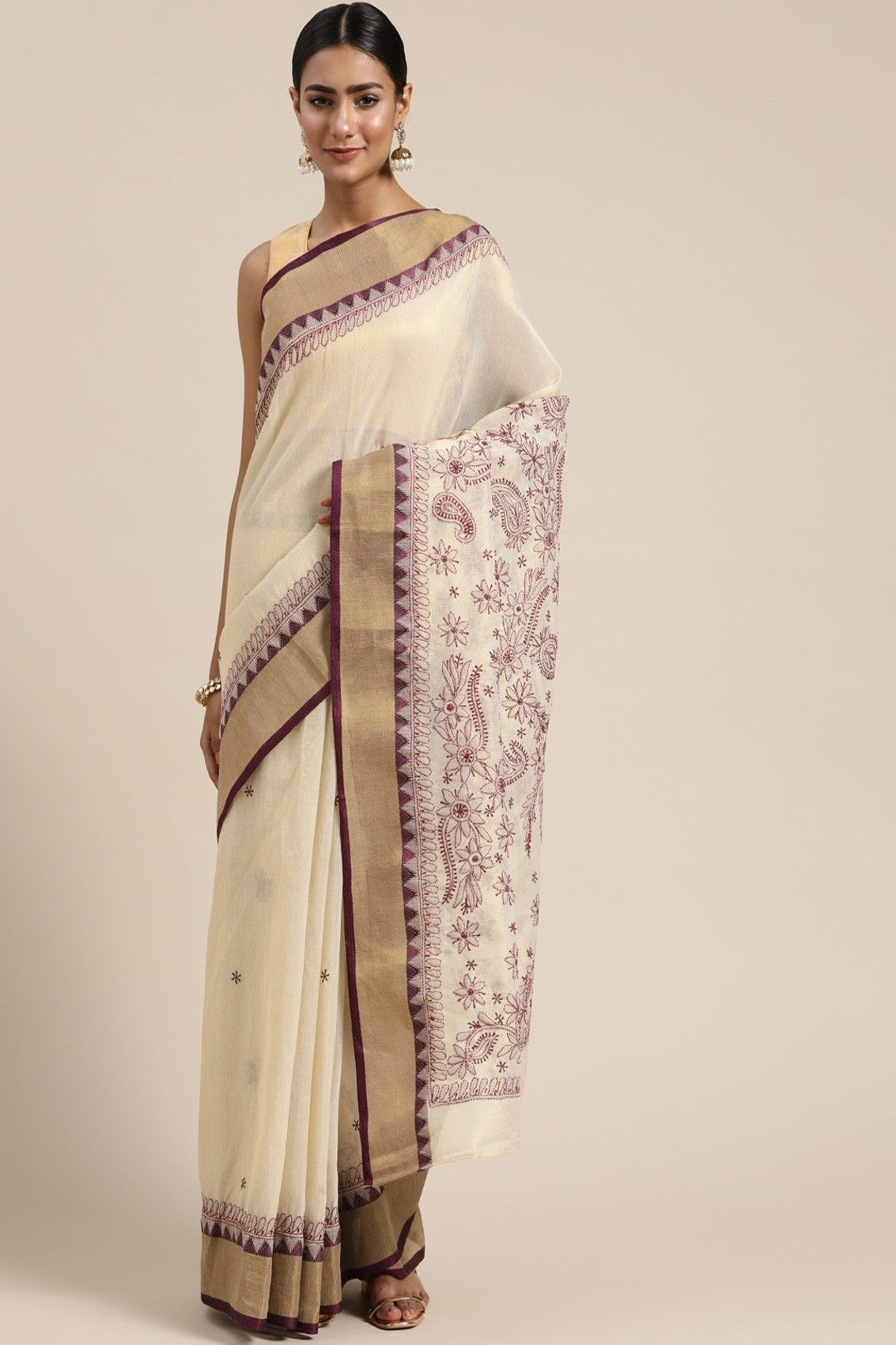 Ada Hand Embroidered Fawn Kota Lucknowi Chikankari Saree With Blouse A311355